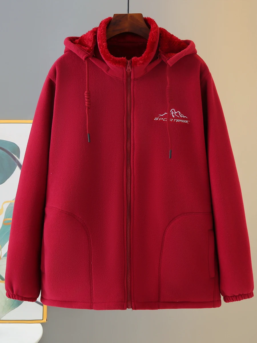 Thickened Fleece Women's Sporty Hooded Jacket Removable Zipper Warm Cardigan Coat Long Sleeve Polyester Fiber Straight Body Fit