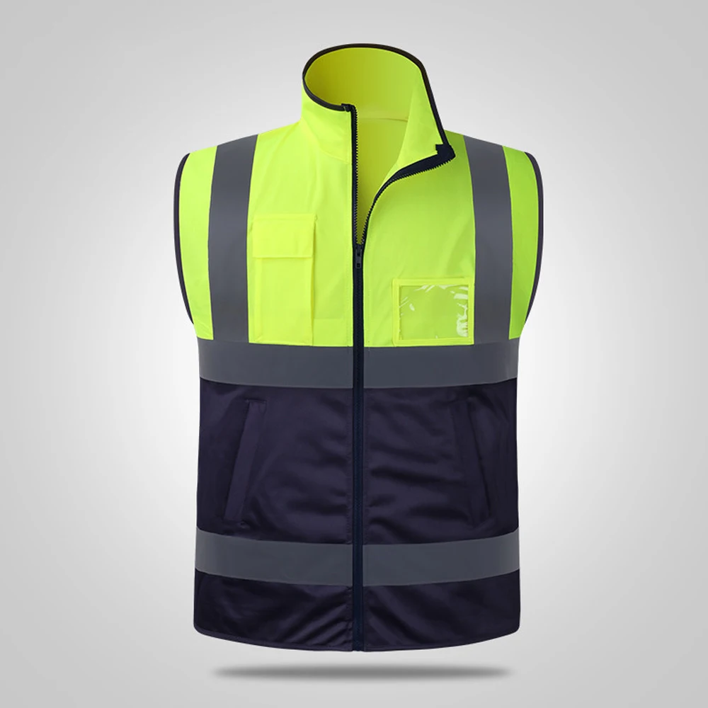 High Collar Reflective Safety Vest with Multi Pockets Construction Worker Hi Vis Workwear Motorcycle Cycling Safety Jacket