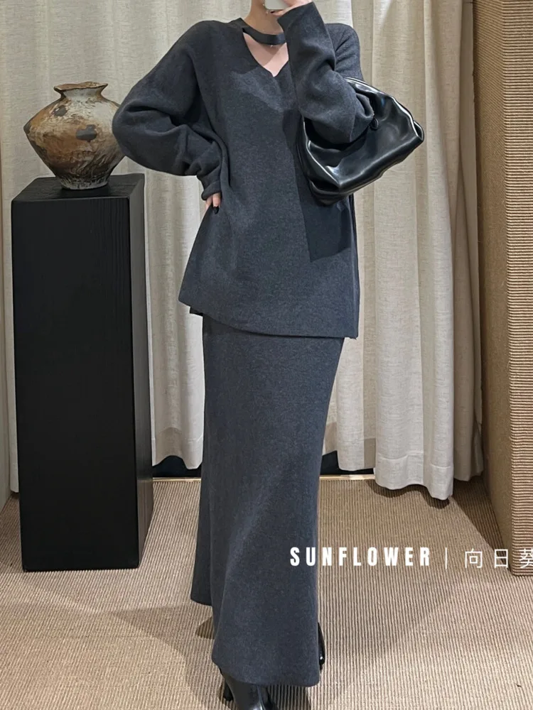 BJTZ Retro Knit Sweater Dress Set Women 2025 Vintage Loose Lounge Comfortable Elegant Simple Premium  Casual Warm Autumn Winter