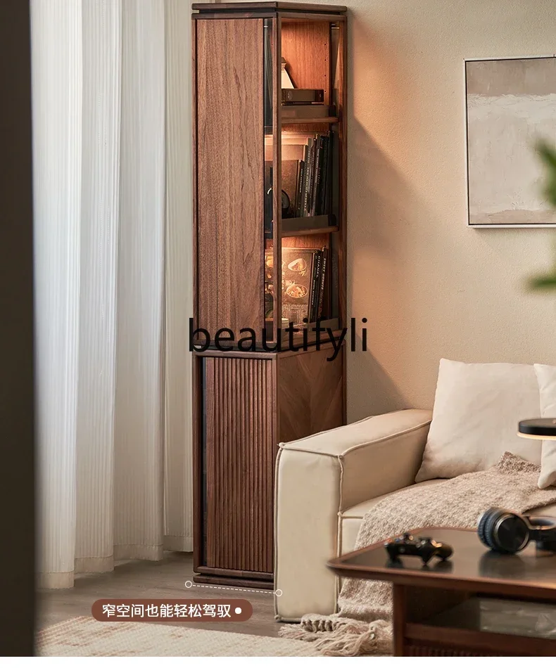 0240Solid wood narrow bookcase desk integrated black walnut, pull cabinet