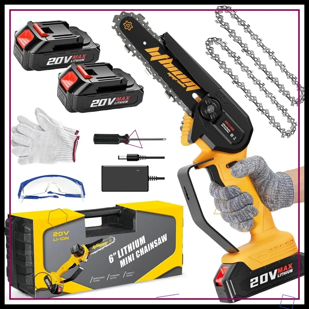 Mini motosserra sem fio de 6 polegadas com 2 baterias, portátil elétrica para cortar madeira fresca sob 3 polegadas