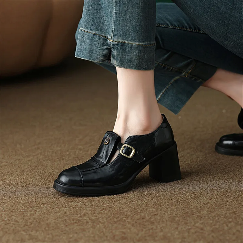 New Autumn Split Leather Women Shoes Fashion Round Toe Shoes for Women Chunky Heel Loafers High Heel Women Pumps Zapatos Mujer