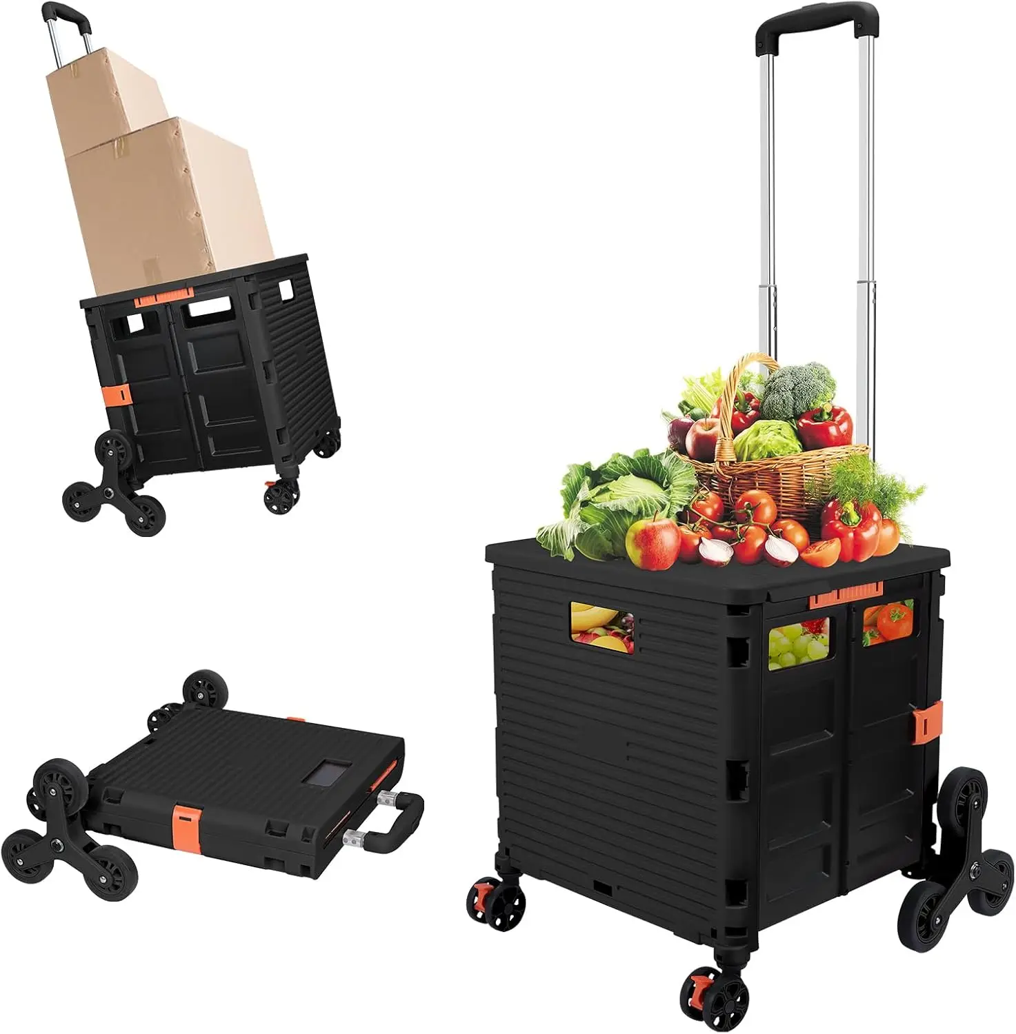 

Foldable Utility Cart with Stair Climbing Wheels, Telescoping Handle for Travel, Office, and Moving - Black