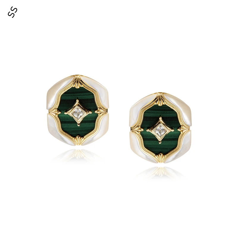 

White Shell Natural Malachite Earrings Light Luxury Fashion Green Gems Zircon Ear-pin Pairs 925 Silver Jewel Accessory Charming