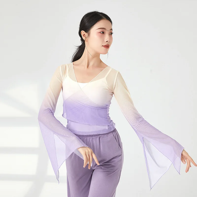 Classical Dance Gauze Top Women Gradient Color Long Flared Sleeve Shirt Flowy Body Rhyme Chinese Folk Dancewear Top Stage Outfit