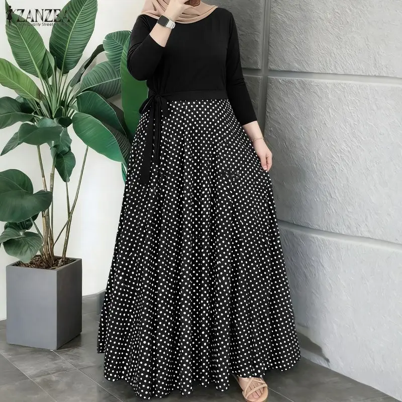 

Богемное мусульманское платье-абайя с принтом 2026 ZANZEA, женское повседневное платье с круглым вырезом, длинными рукавами, в стиле пэчворк, с кружевной отделкой, праздничный халат для Рамадана