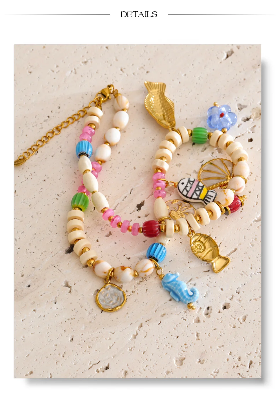 Yhpup Ocean Style Harz-Holzperlenkette mit Fisch-, Muschel- und Seepferdchen-Anhänger – Stylische, wasserdichte, handgefertigte Sommerhalskette – Detail 9