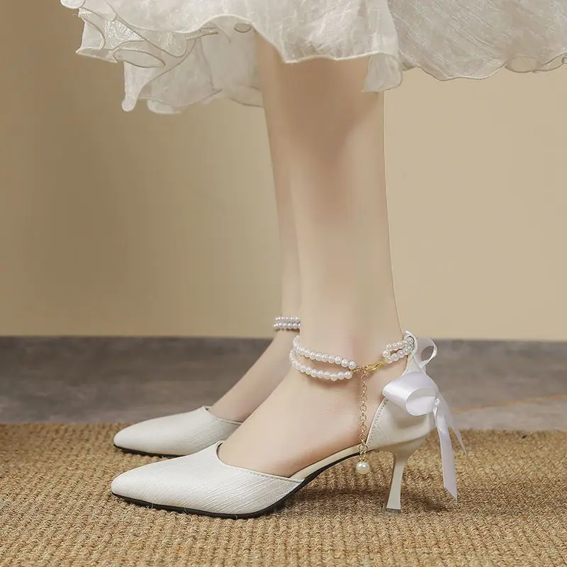 Women's Fashion One-line High Heels Autumn New Pointy Shallow Mouth Thin with Butterfly Knot Head Hollow Single Shoes