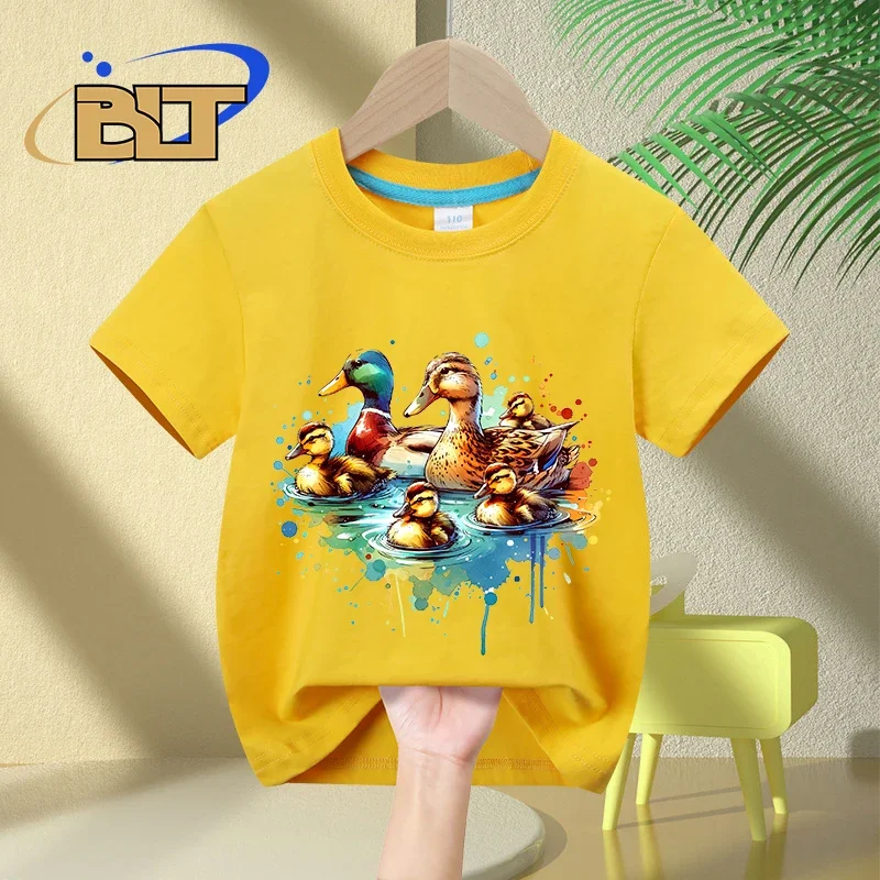 Camiseta infantil de algodão de manga curta, pato aquarela, estampa familiar, tops casuais para meninos e meninas, verão