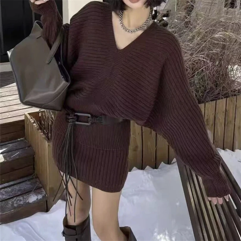 لطيف الرياح جو الخامس الرقبة محبوك قميص المرأة الخريف والشتاء مجموعة جديدة الخصر Cinching والتخسيس قطعتين مجموعة #6