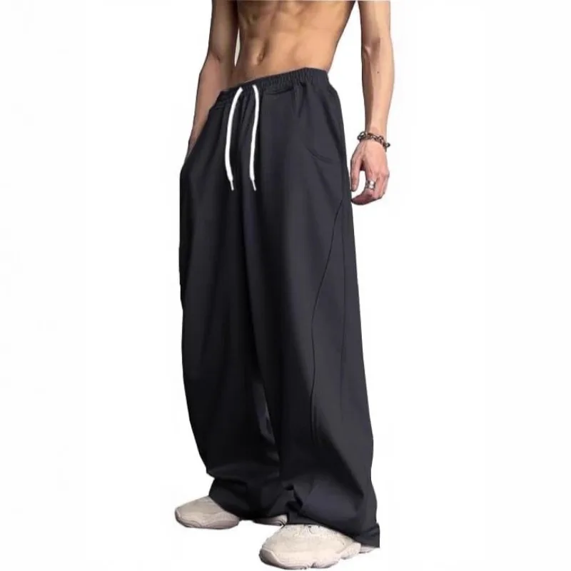Men's Wide-leg Sweatpants Drawstring Elastic Waist Vintage Style Loose Leg Wide Trousers with Pocket Design