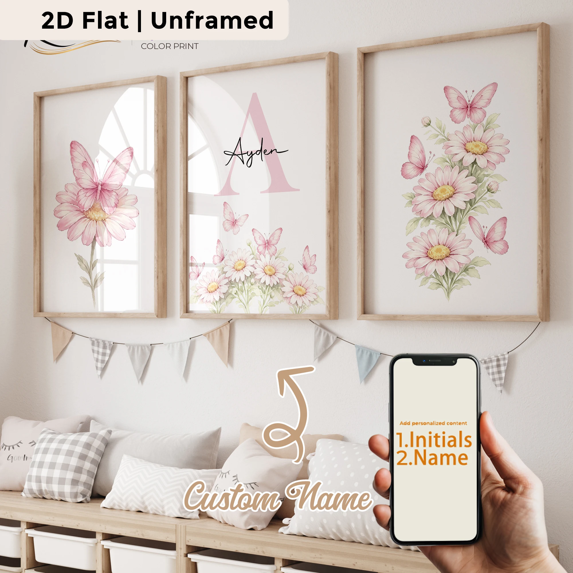 3pcs Personalized Custom Name Daisies And Butterflies  Wall Art Print Picture Canvas Poster Painting For Living Room Home Decor