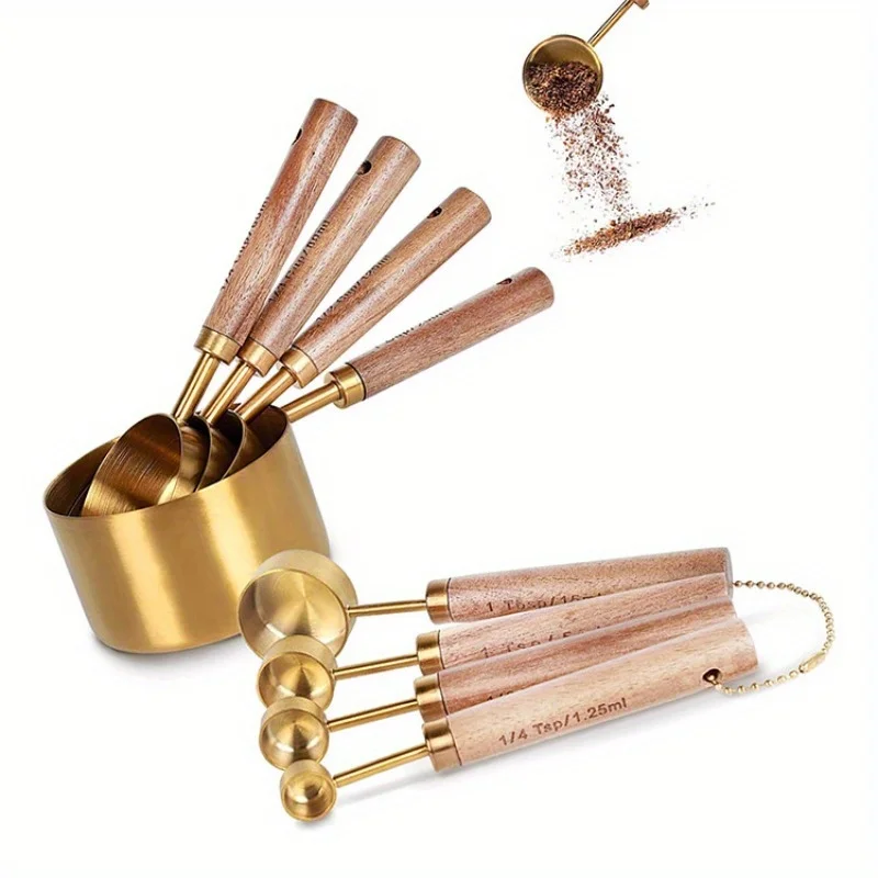 4Pcs Gold Plated Measuring Spoons And Cups Set with Acacia Wood Handles for Baking And Cooking Kitchen Tools Small to Large Size