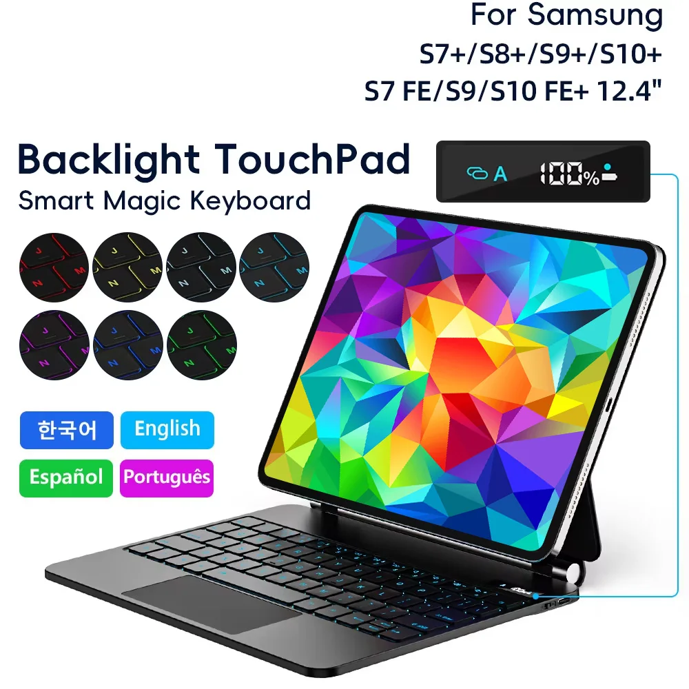 Magic Keyboard Case for Samsung Galaxy Tab S9+/S8+/ S8 Plus/ S7 FE/ S7+ 12.4 inch Multi-Angle Trackpad Backlit Smart Keyboard