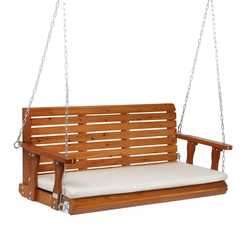 5 FT Heavy Duty Porch Swing with Cushion, 880 LBS Wooden, Brown