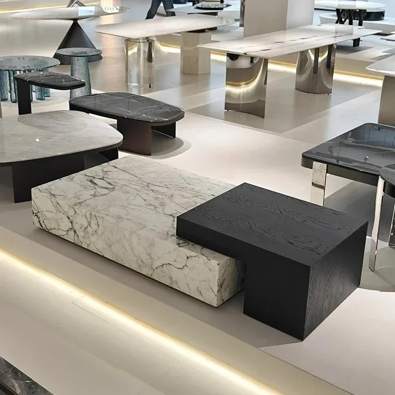 yh Living room household marble coffee table modern simple rectangular double color solid wood pattern