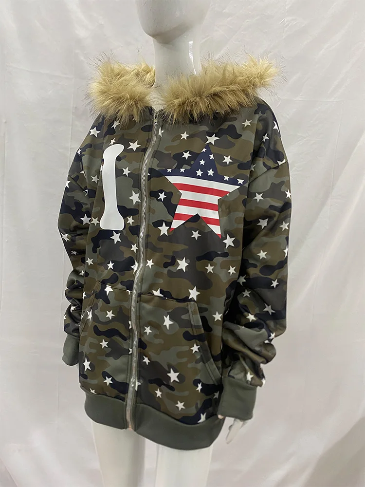 Inverno quente camuflagem estrela impressão hoodie feminino pele do falso zipup moletom moda oversized streetwear jaqueta com capuz 2026 novo