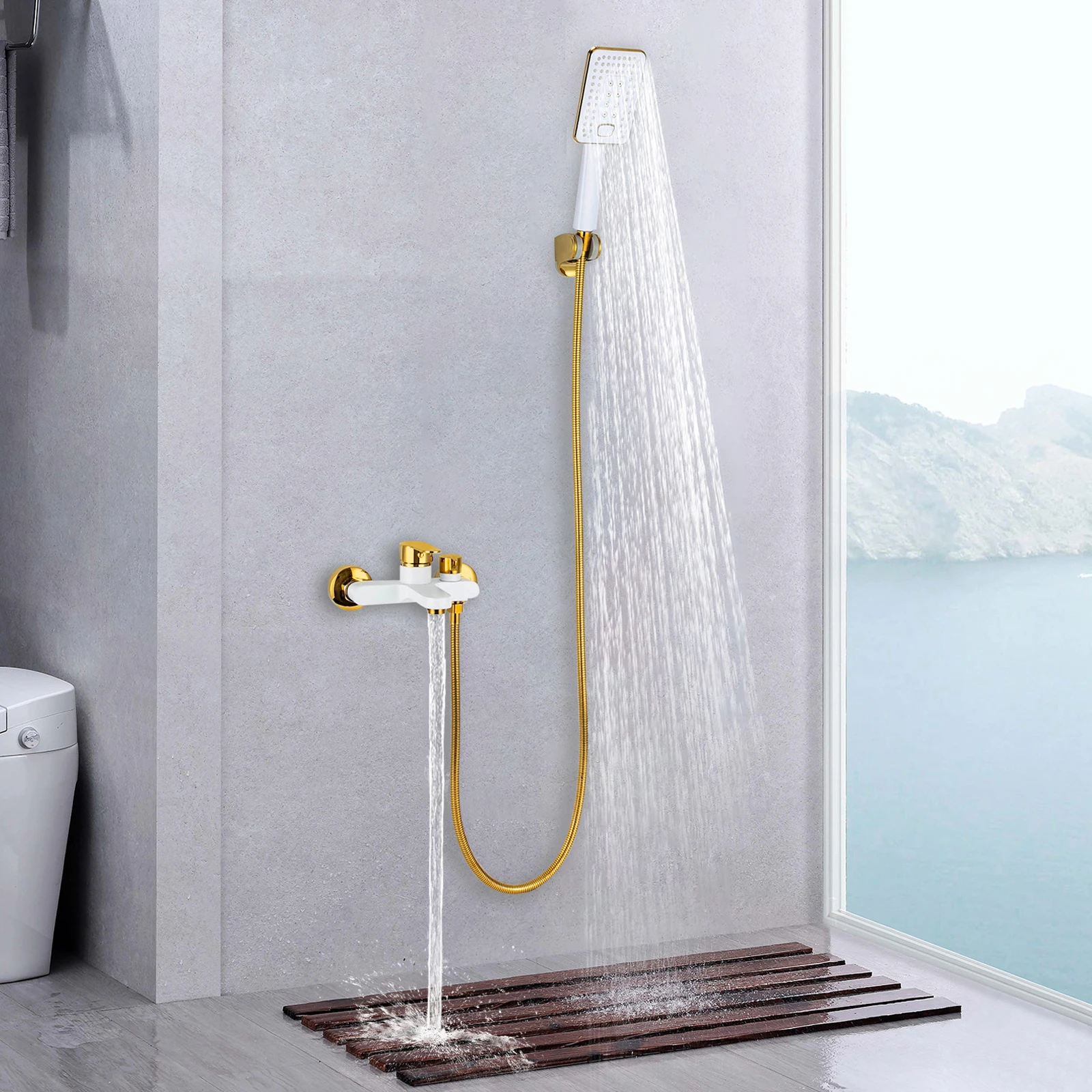 Bath Mixer Tap w/Hose Hand Shower Easy Install Shower Set Ceramic Valve Core G1/2