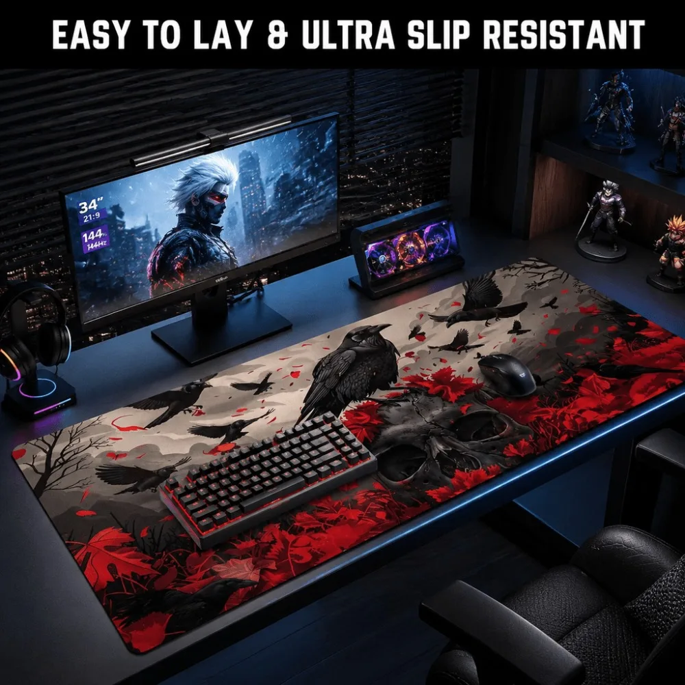 Gothic-Raben-Schädel-Druck, rot-schwarze Horror-Ästhetik, geeignet für Gamer, Mauspad, Tapis de Souris, PC-Zubehör