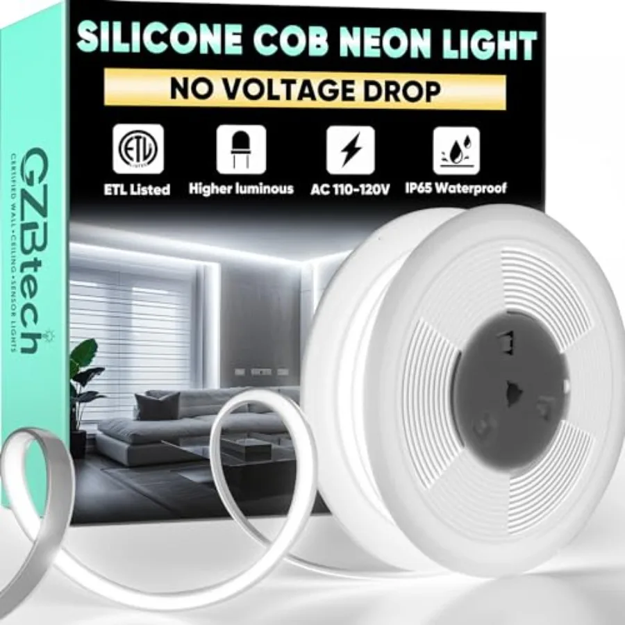 

【New model】Silicone COB Neon Rope Lights 33FT/10M 6000K Super Bright Cold White Waterproof Neon Strip Light 110-120V Flexible C