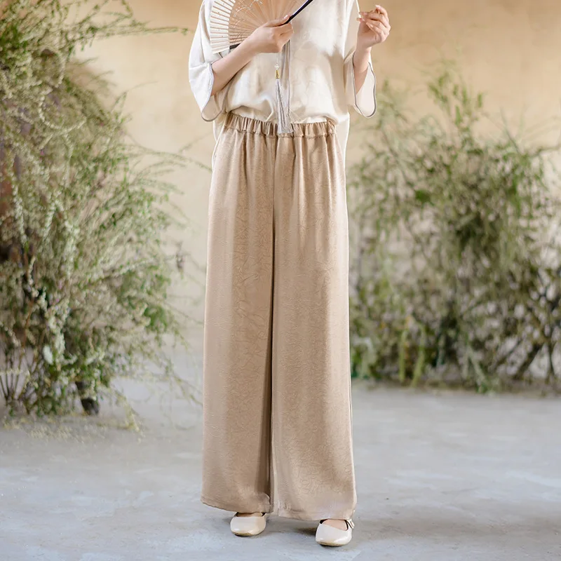 New Chinese Style Women Summer Thin Faux Acetate Wide Leg Pants Women Fall High Waist Slim Straight Lean Casual Pants