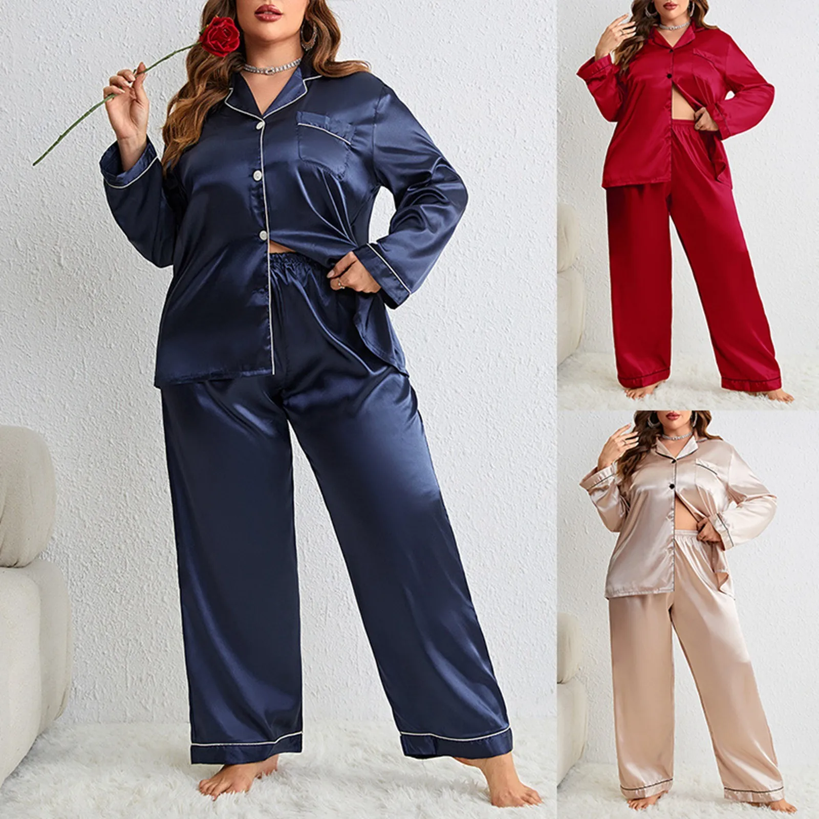 Women's Lapel Long Sleeve Trousers Cardigan Imitation Silk Plus Size Loose Sexy Home Suit Solid Color Casual Ladies Pajamas