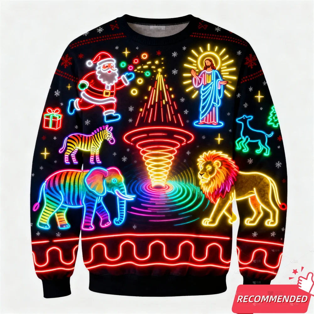وهمية ضوء النيون ثلاثية الأبعاد مطبوعة القبيح عيد الميلاد سترة للنساء الرجال الملابس عيد ميلاد سعيد ثلج مضحك سانتا يسوع البلوفرات رياضية #5