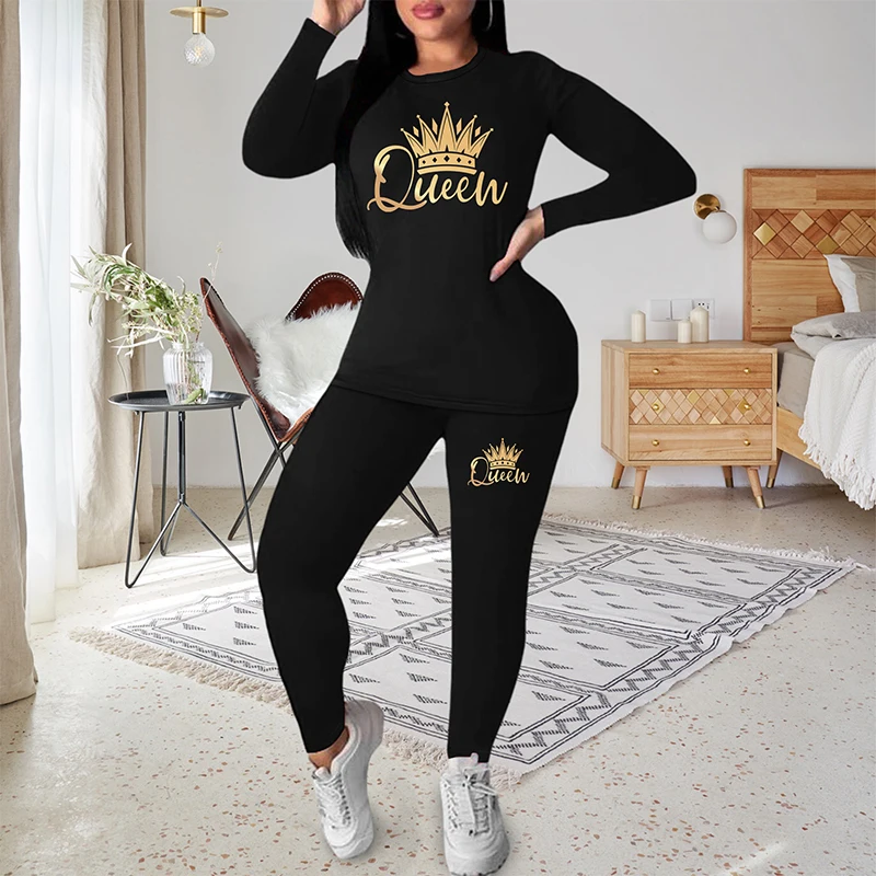 

Print Solid Casual Sports Two-piece Set, Crew Neck long Sleeve T-shirt & High Waist Slim trousers Set, Women's Clothing