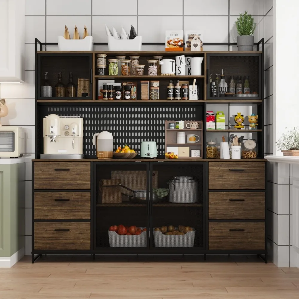 

Kitchen Pantry Cabinet with Hutch and 4 Doors, Pantry Storage Cabinet with Pegboard & Hutch, 6 Drawers and Shelves