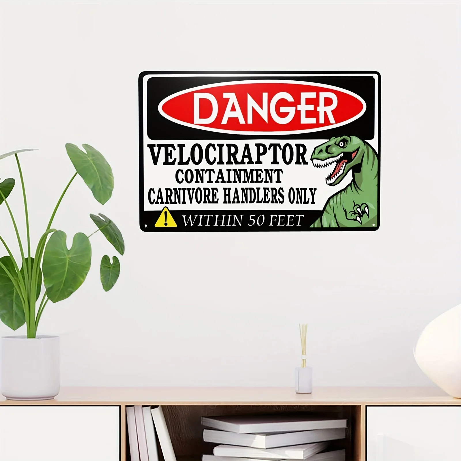 HD Metal Tin Sign Funny Dinosaur Danger Warning Wall Decor Retro Velociraptor & Biohazard Sign for Game Room Man Cave