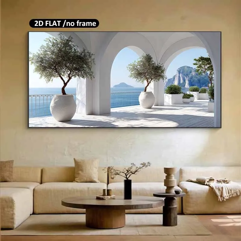 2D Flat, Frameless Modern Home Decor Canvas Art Prints for Living Room Bedroom Posters Coastal Archway Olive Trees Sea View