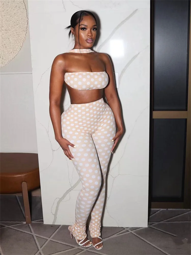 Raar Puss Hottie Polka Dot 2-delige set Dames Halter Borst gewikkeld Backless Top + Ruches Perzik Hippe Broek Stretch Skinny Clubwear