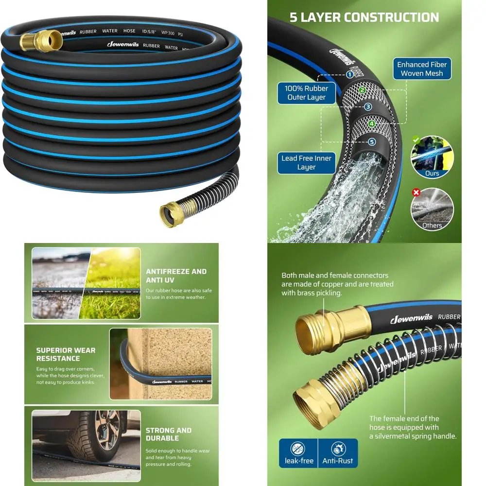 

Heavy Duty 5/8 Inch x 50 Feet Garden Hose with 300psi Working Pressure and 1000psi Burst, Solid Brass 3/4 Inch GHT Fittings, Sui