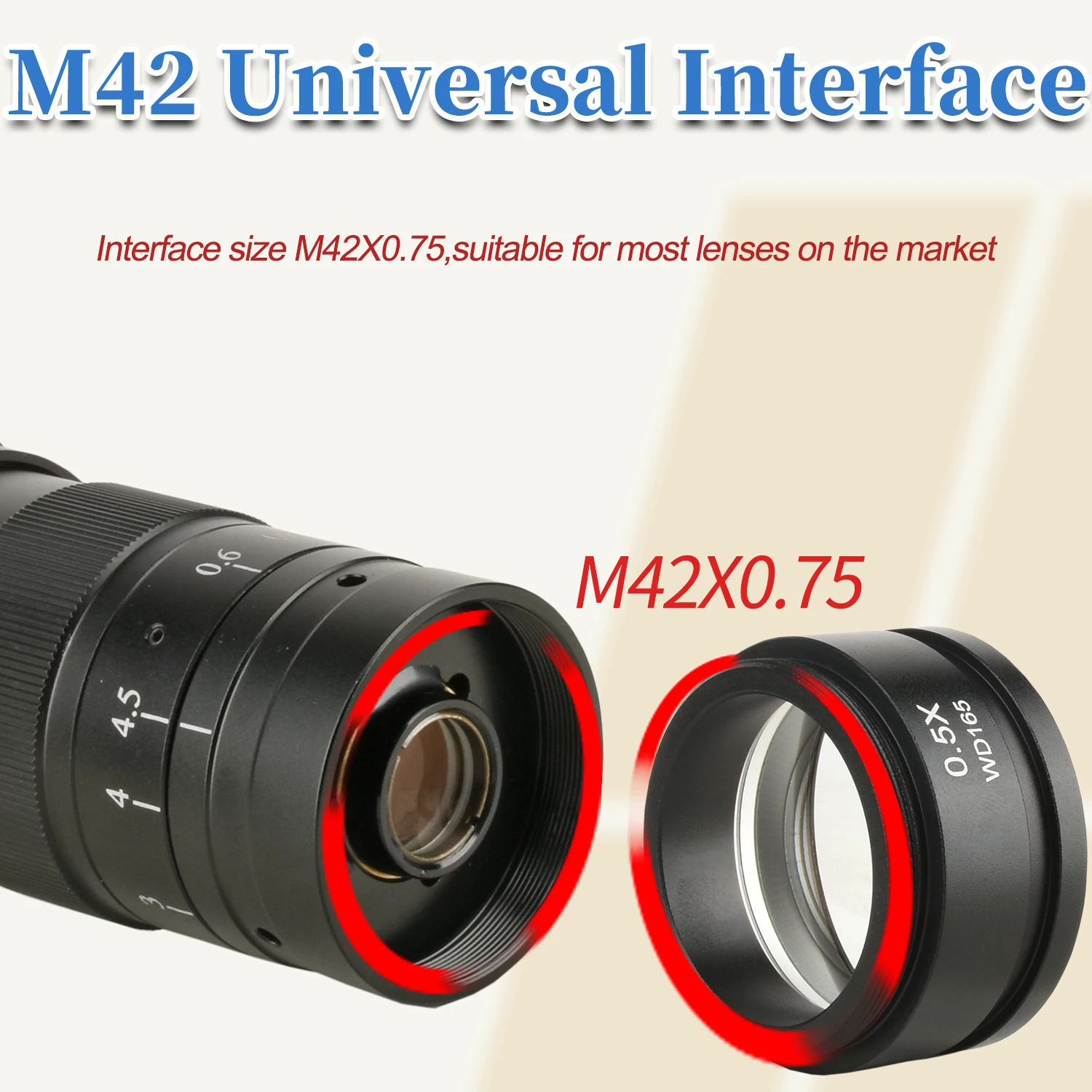 Objetivo auxiliar del microscopio KOPPACE 0.5X, distancia de trabajo de 165 mm, tamaño de conexión 42 mm