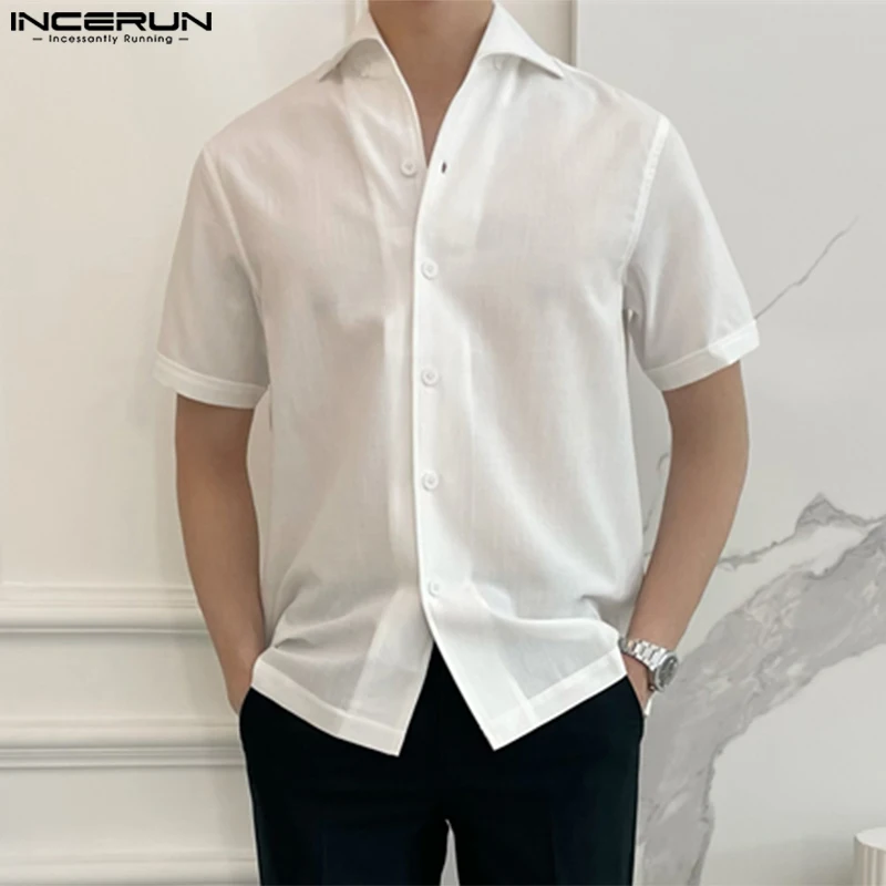 INCERUN Tops 2025 Korean Style New Men Summer Solid Lapel Collar Blouse Summer Casual Streetwear Male Short Sleeved Shirts S-5XL