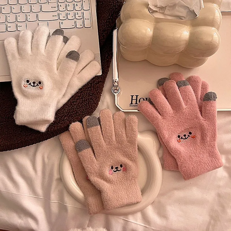 Autumn Winter Women's Gloves Cute Smile Gloves Five Fingers Solid Color Resistant Touch Screen Cotton Gloves Fashion Comfortable