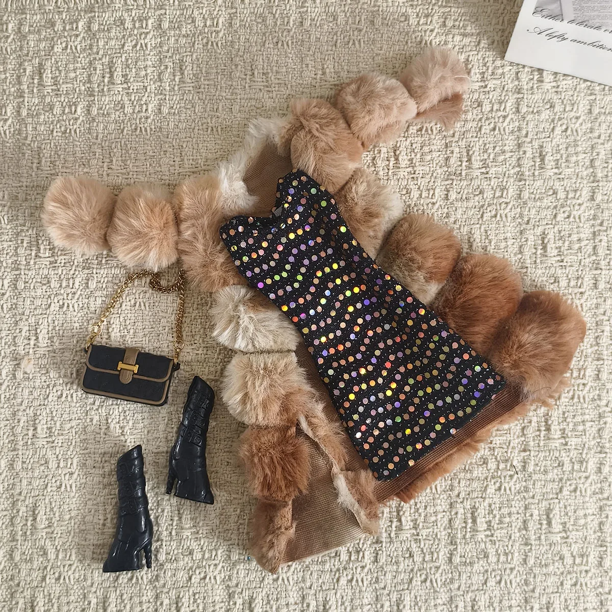 1/6 Doll Clothes Accessories Luxurious Winter Fur Coats+Fashion Sequin Dress+Boots+Bag For 30cm FR Babi Supermodel Doll Dress Up