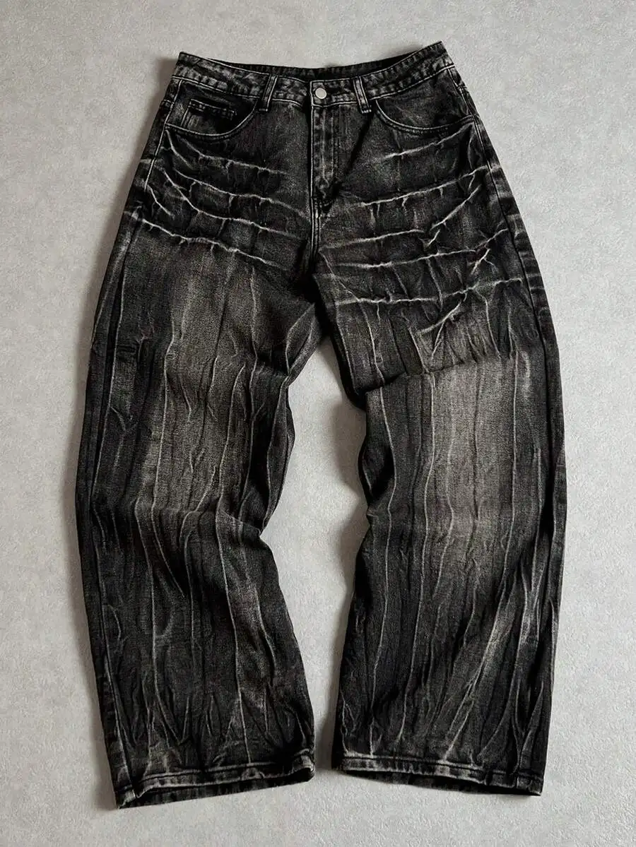 

Mens Relaxed Wide Leg Denim Trousers With Functional Pockets For Everyday Wear