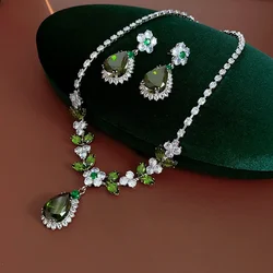 3 Pieces Green Zircon Leaf Flower Necklace New Light Luxury Drop Earring Chain 2025 Fashion Wedding Bride Jewelry Set Women