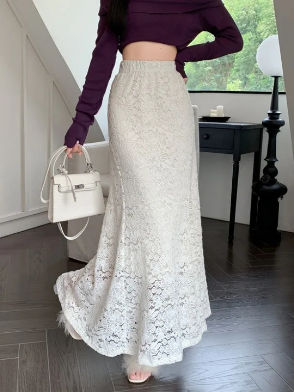 

Французская кружевная юбка-футляр макси для женщин, весна-осень-зима, нежная, струящаяся, с эффектом «рыбий хвост», длинная юбка