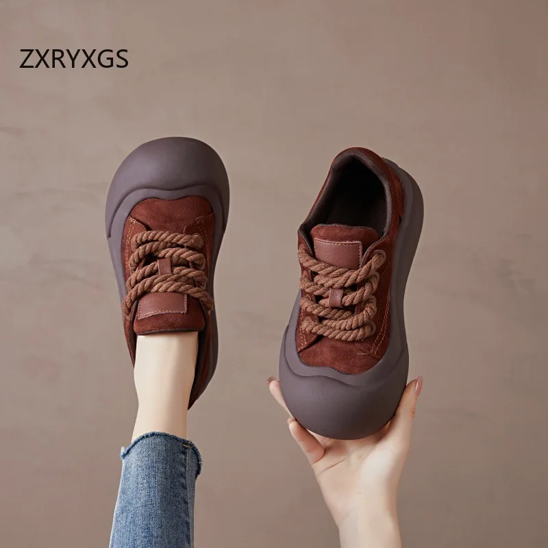 ZXRYXGS 2024 Cross Strap Round Toe Real Leather Vulcanized Shoes Woman Sneakers Thick Soles Heightening Shoes Trend Sneakers