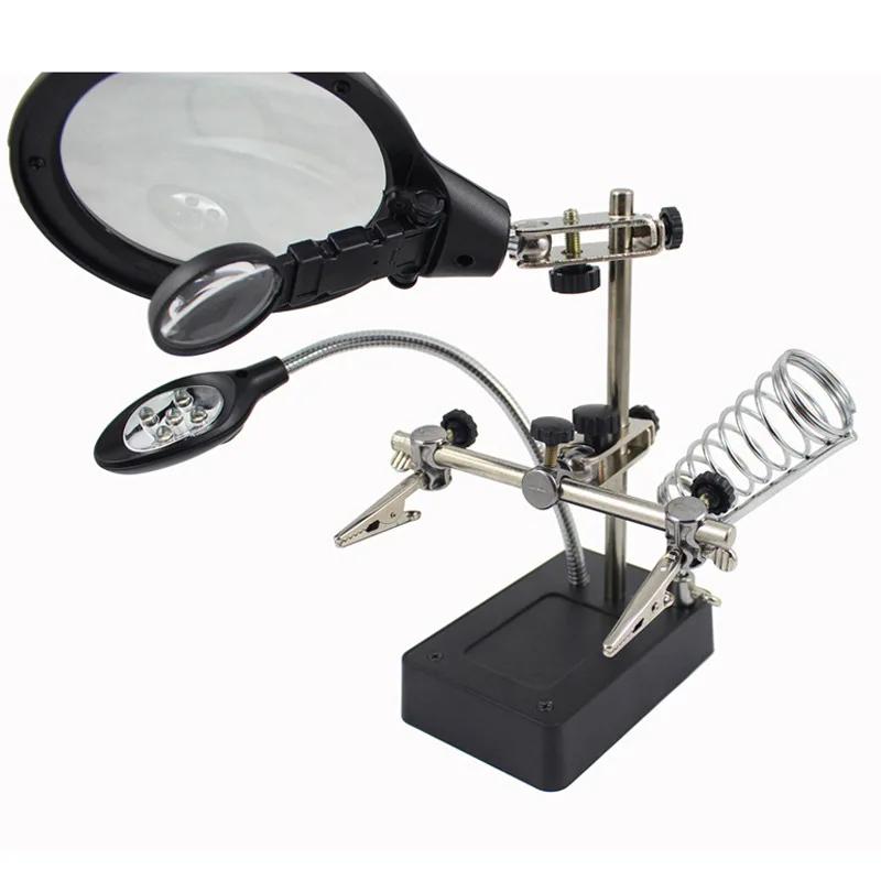 2.5X 7.5X 10X Welding Magnifying Glass LED Auxiliary Clip Loupe Magnifier 3 In1 Hand Soldering Solder Iron Stand Holder Station