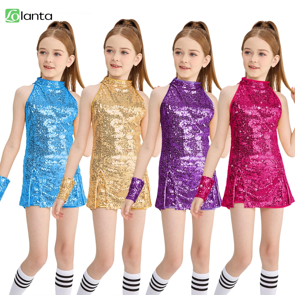 Girls Sequins Dance Clothes Dress 4-12 Years Sparkle Hip Hop Jazz Dance Outfit, Sleeveless Top and Shorts