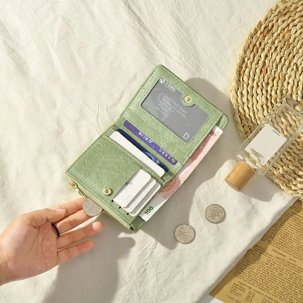 Retro Leather Short Wallet Small Large capacity Coin Purse Solid Color Card Bag Women