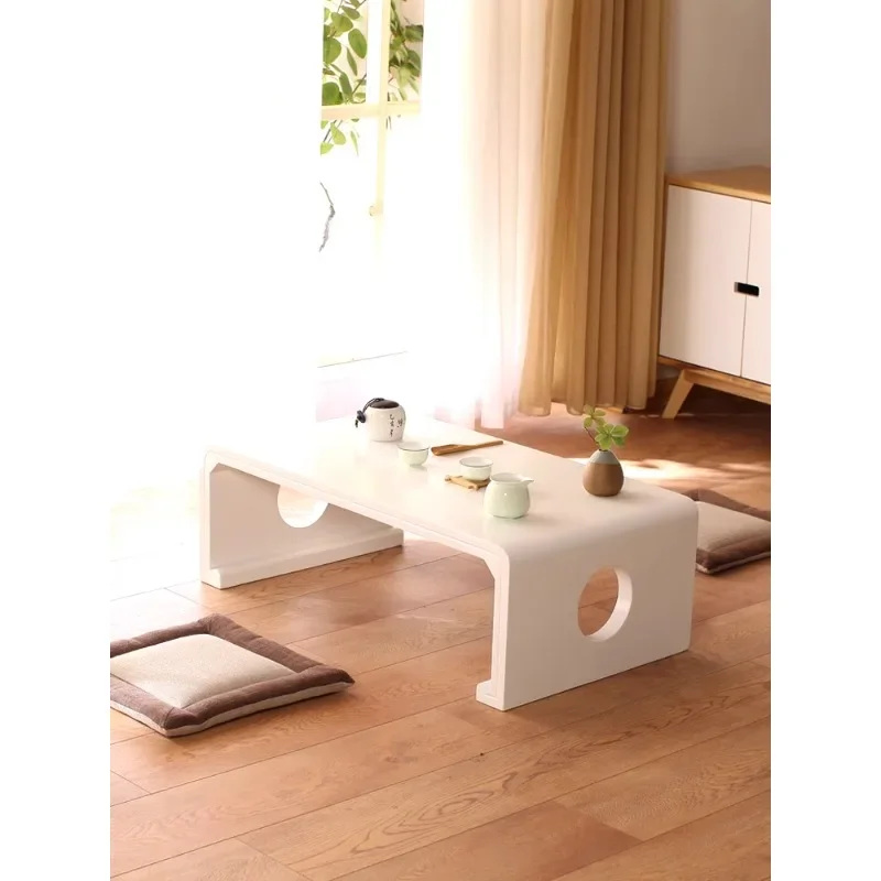 White balcony small table, Japanese tatami mat coffee table, bay window solid wood floor sill, window sill  simple