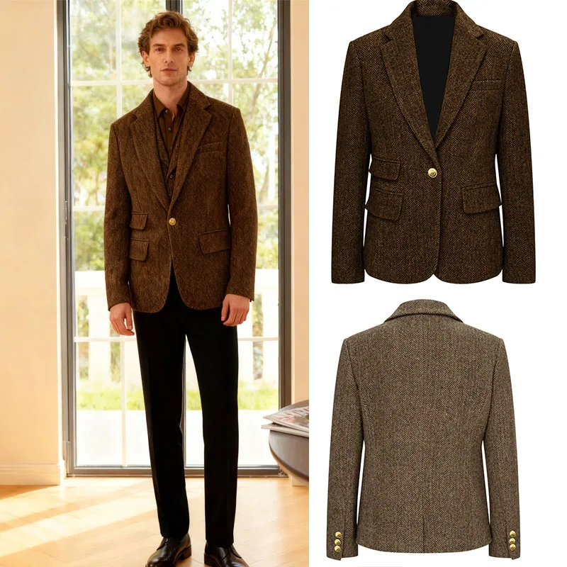 

spring classic herringbone man suit coat single-breasted lapel 4 pockets men's jacket business casual tailored male jacket