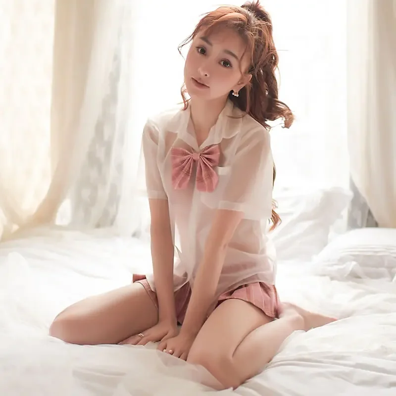 

Japanese Lingerie Fashion Net Cloth Student Uniform Costumes Roleplay Erotic Lingerie with Tie Transparent Dress Women Babydoll