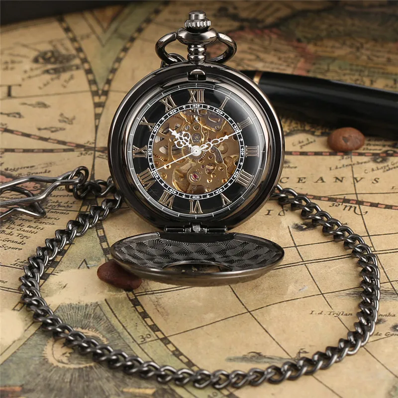 Retro Pocket Watch Carving Roman Numerals Hollow Automatic Mechanical Watches for Men Women Pendant Chain Collectable Clock