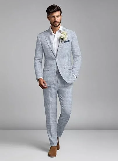Tesco Customized Men's Seersucker Suit 2 Piece Striped Lightweight Blazer Jacket and Pants Beach Wedding Prom Suits Summer Wear
