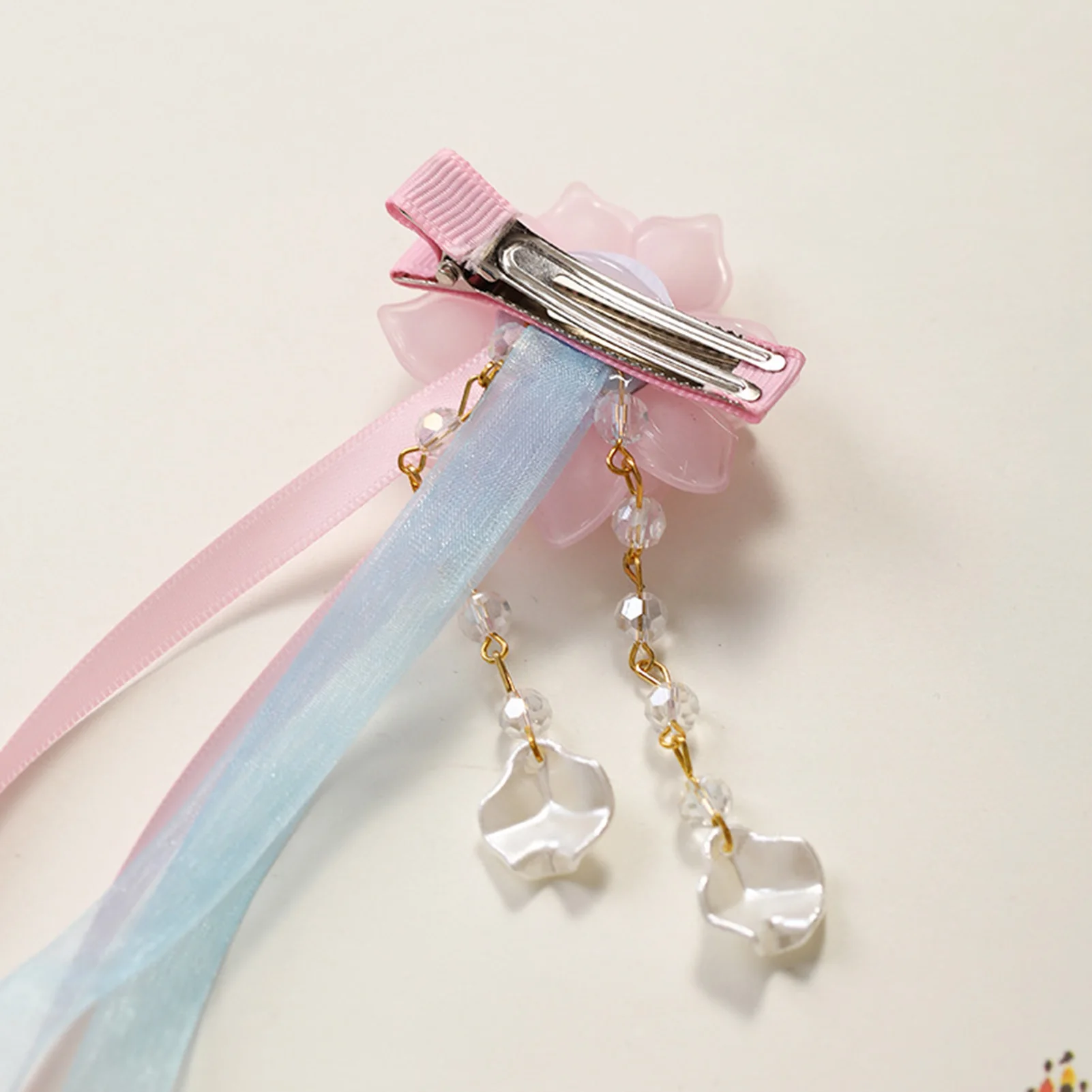 Girls Pink Hair Accessories Blue Ribbon Long Tassel Hairpins Crystal Beads Peals Flower Hair Clips Retro Chinese Hair Jewelry